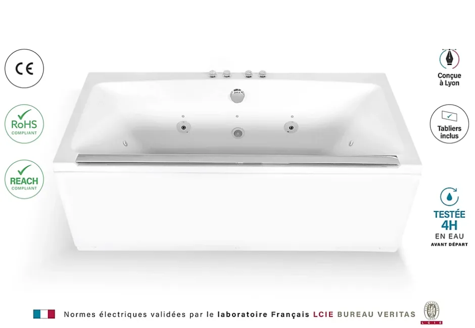 Baignoire balnéo avec tablier rectangulaire L.170 x l.80 x H.63 cm en acrylique coloris blanc, Maya