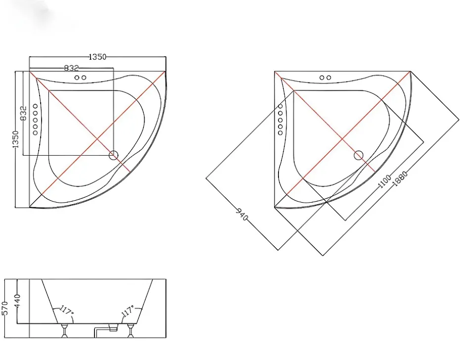 Vente-unique Baignoire balnéo d'angle AGYNESS - 263L - 135x135x57 cm* Baignoire Balnéo