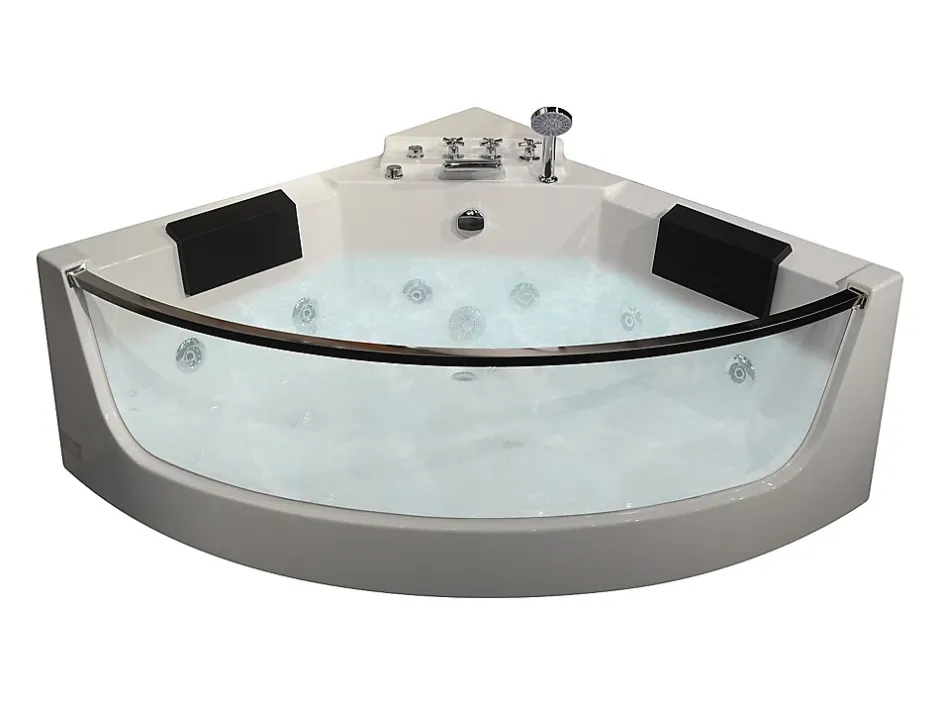 Vente-unique Baignoire balnéo d'angle vitrée - 2 places - 330 L - 138 x 138 x 59 cm - EVELINA* Baignoire Balnéo