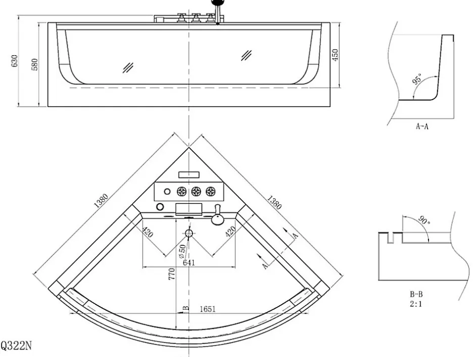 Vente-unique Baignoire balnéo d'angle vitrée - 2 places - 330 L - 138 x 138 x 59 cm - EVELINA* Baignoire Balnéo