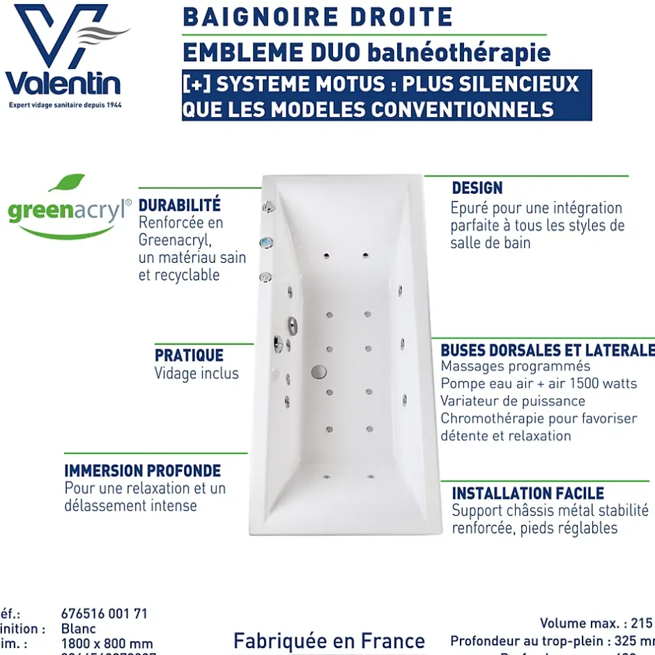 Valentin Baignoire balnéo Embleme duo 180 x 80 cm sans tablier