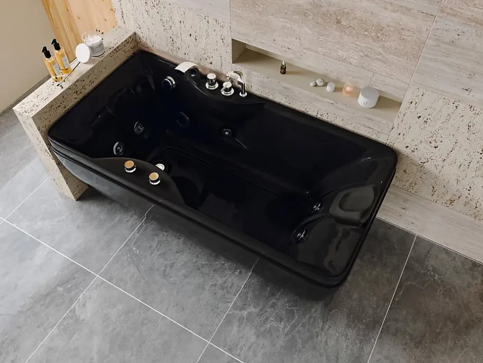 Vente-unique Baignoire balnéo noire - 1 place - 140L - 150 x 75 x 54,5 cm - Angle gauche - GAVINO
