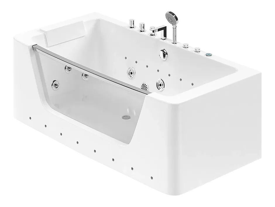 Vente-unique Baignoire balnéo vitrée semi-îlot à leds DYONA - 1 place - 260L - 170x85x58cm - Blanche