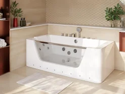 Vente-unique Baignoire balnéo vitrée semi-îlot à leds DYONA - 1 place - 260L - 170x85x58cm - Blanche