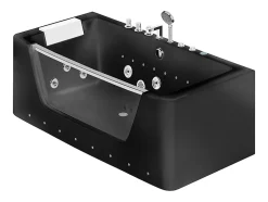 Vente-unique Baignoire balnéo vitrée semi-îlot à leds DYONA - 1 place - 260L - 170x85x58cm - Noir brillant