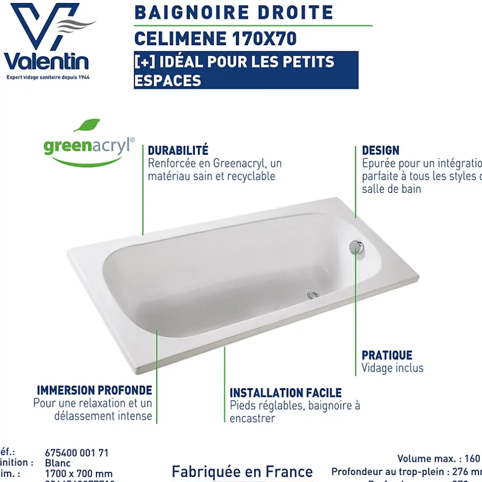 Valentin Baignoire Celimene 170 x 70 cm sans tablier* Baignoire Droite