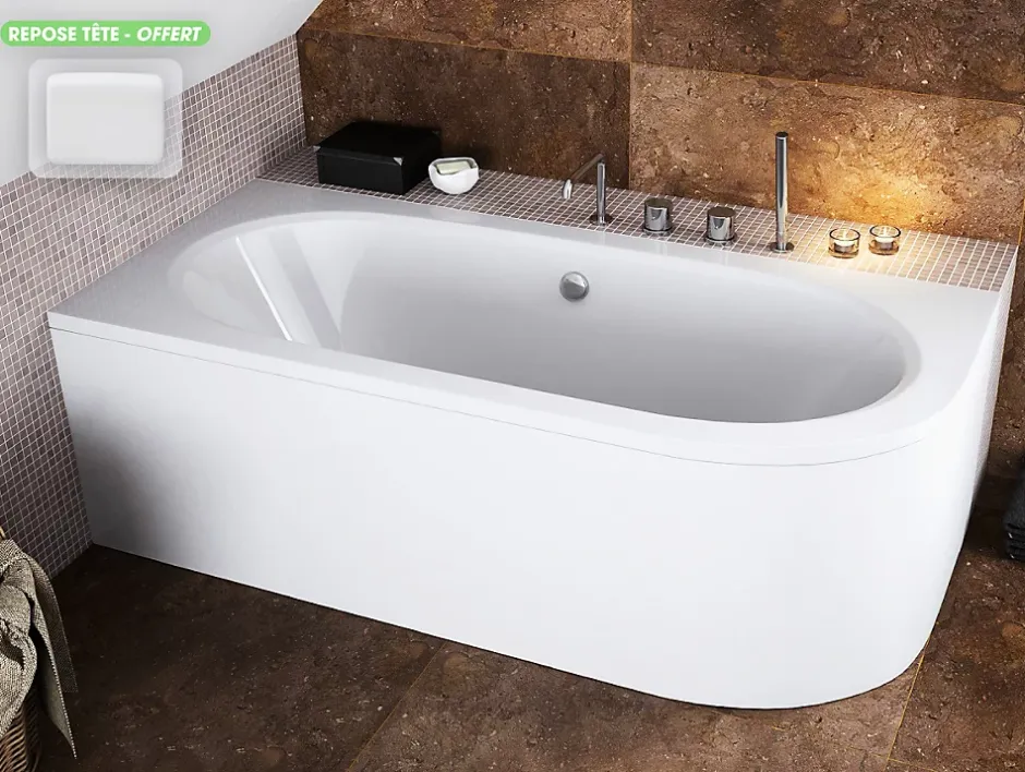 Besco Baignoire d'angle - avec tablier blanc et repose tête offert - AVITA - 180 x 75 cm - Gauche* Baignoire Asymétrique