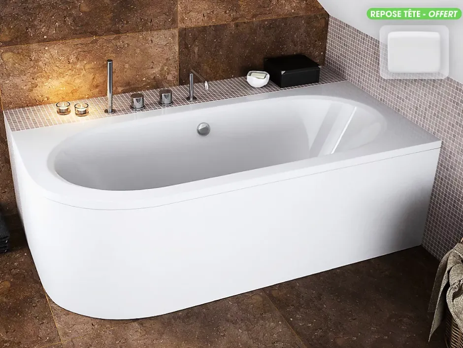 Besco Baignoire d'angle - avec tablier blanc et repose tête offert - AVITA - 160 x 75 cm - Droite* Baignoire Asymétrique