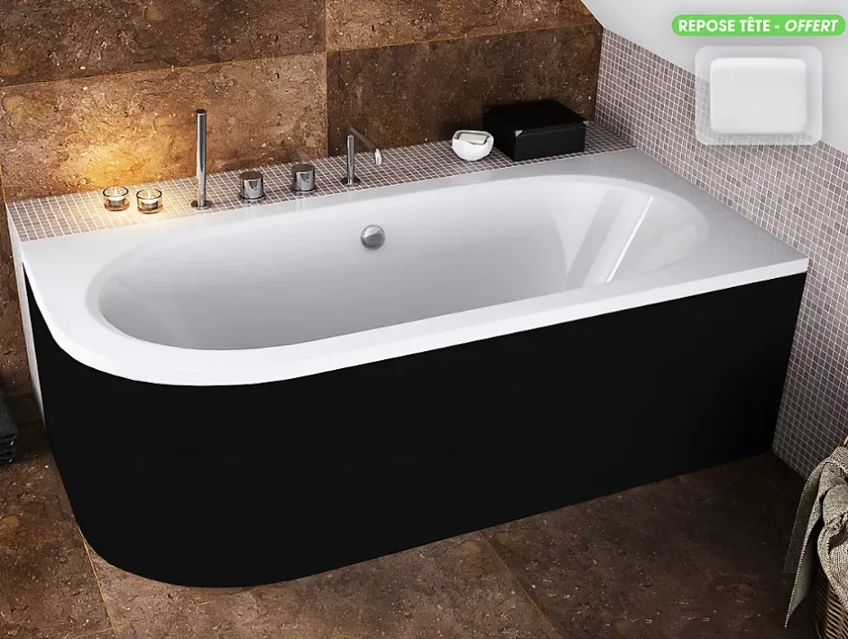 Besco Baignoire d'angle - avec tablier noir Mat et repose tête offert - AVITA - 160 x 75 cm - Droite