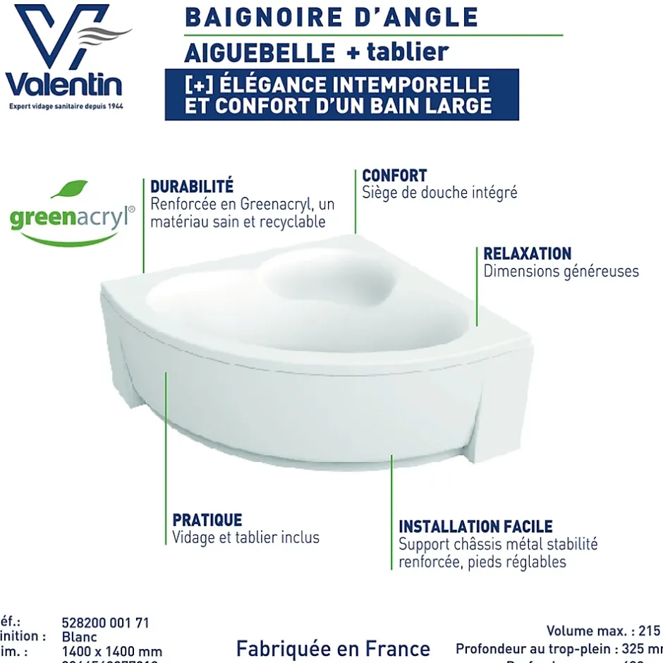Valentin Baignoire d'angle 140 x 140 cm Aiguebelle + Tablier* Baignoire D'Angle