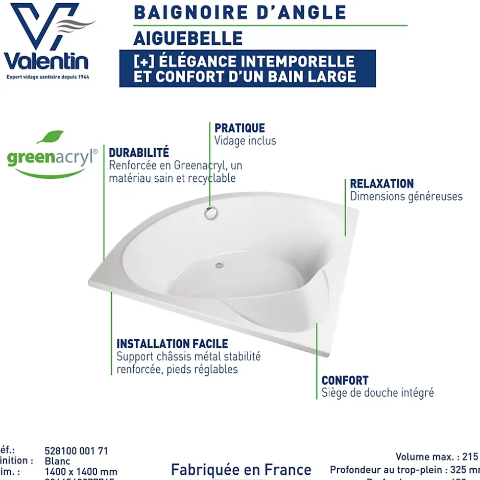 Valentin Baignoire d'angle 140 x 140 cm Aiguebelle sans tablier* Baignoire D'Angle