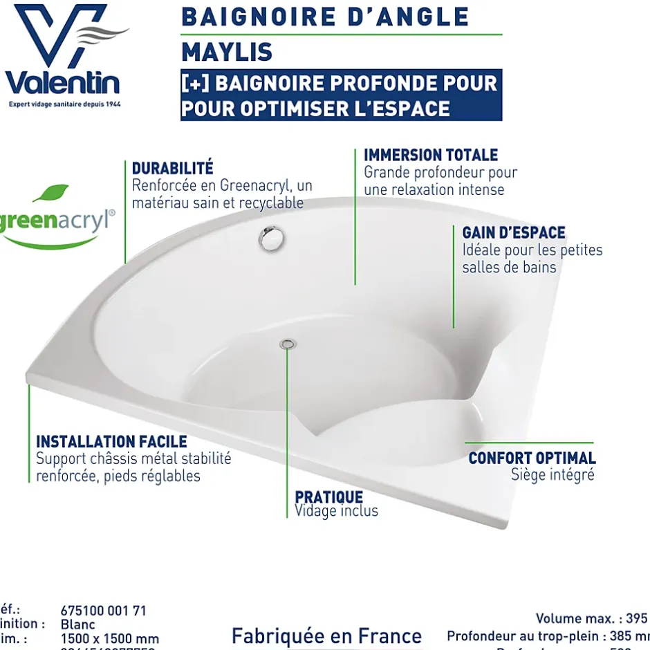 Valentin Baignoire d'angle 150 x 150 cm Maylis sans tablier* Baignoire D'Angle