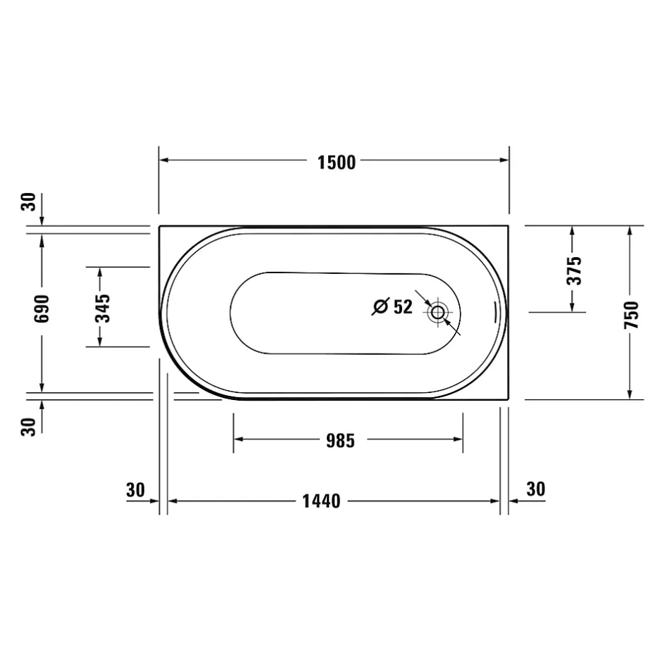 Duravit Baignoire d'angle acrylique salle de bain, vidage de trop plein, 2 places, Coin droite, 150x75x45cm, Blanc, DURADELFI* Baignoire D'Angle