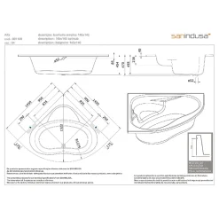 Sanindusa Baignoire d'angle acrylique haute densité ALFA 145x145 blanche avec pieds réglables (tablier et mitigeur non inclus)