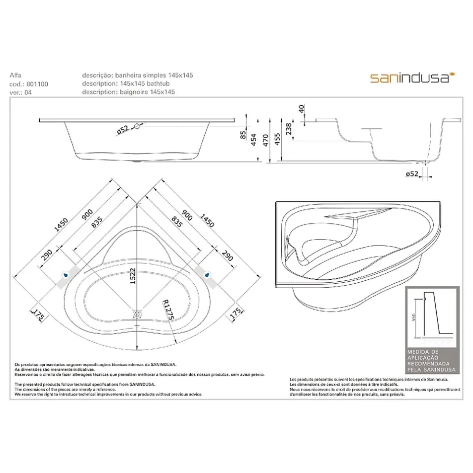 Sanindusa Baignoire d'angle acrylique haute densité ALFA 145x145 blanche avec pieds réglables (tablier et mitigeur non inclus)