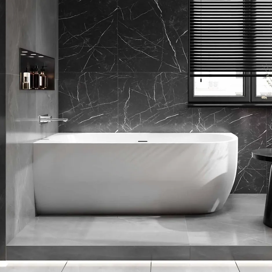 Bernstein Baignoire d'angle Acrylique Ovale pour Salle de Bain + Bonde, Garantie 5 ans, Blanc, 170x75x60cm, Installation gauche, LENA CORNER* Baignoire D'Angle