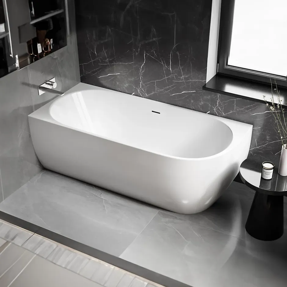 Bernstein Baignoire d'angle Acrylique Ovale pour Salle de Bain + Bonde, Garantie 5 ans, Blanc, 170x75x60cm, Installation gauche, LENA CORNER* Baignoire D'Angle