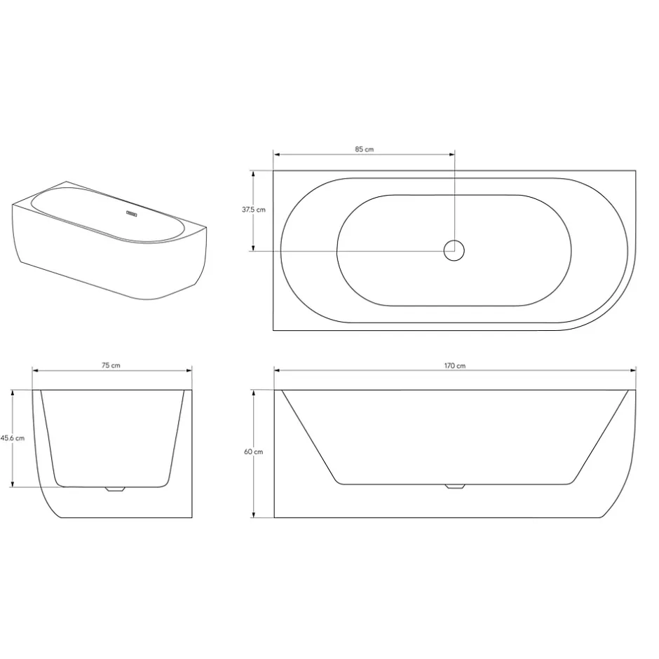 Bernstein Baignoire d'angle Acrylique Ovale pour Salle de Bain + Bonde, Garantie 5 ans, Blanc, 170x75x60cm, Installation gauche, LENA CORNER* Baignoire D'Angle