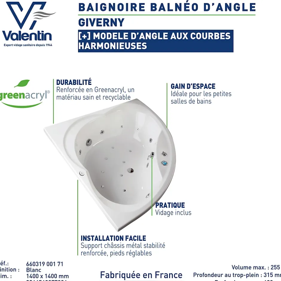 Valentin Baignoire d'angle balnéo 140 x 140 cm Giverny sans tablier* Baignoire D'Angle|Baignoire Balnéo