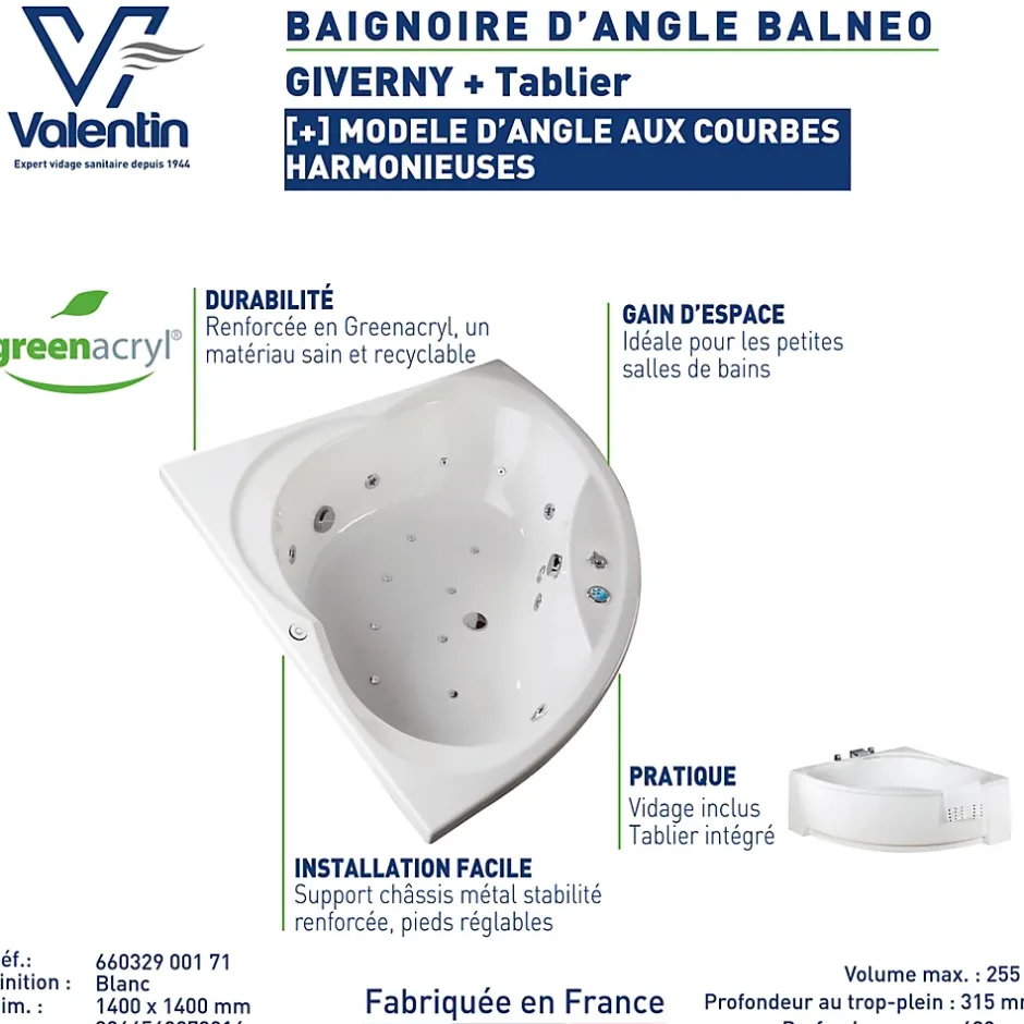 Valentin Baignoire d'angle balnéo 140 x 140 cm Giverny + tablier* Baignoire D'Angle|Baignoire Balnéo