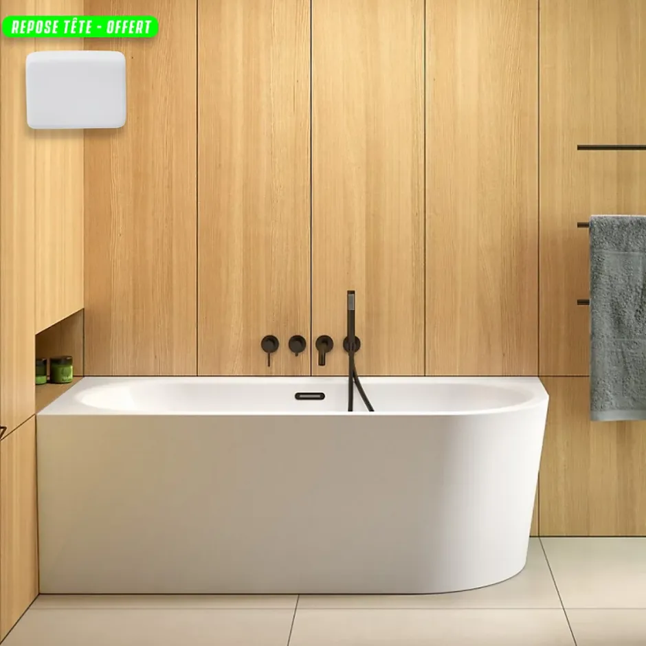 Besco Baignoire d'angle Blanc + Siphon noir et Vidage inclus + Repose tête - AVITA S CLASSE - GAUCHE - 170 x 75 cm