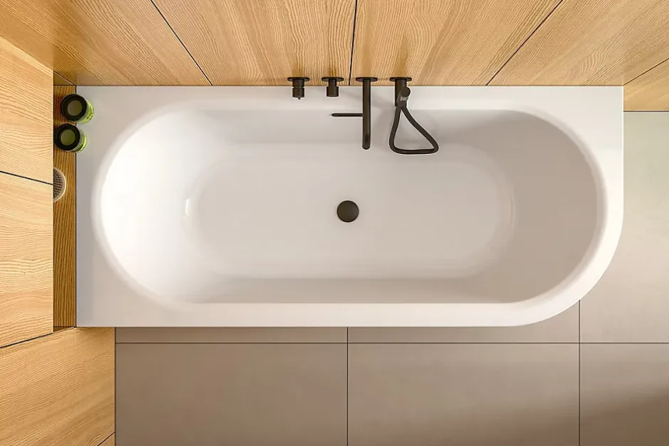 Besco Baignoire d'angle Blanc + Siphon noir et Vidage inclus + Repose tête - AVITA S CLASSE - GAUCHE - 170 x 75 cm