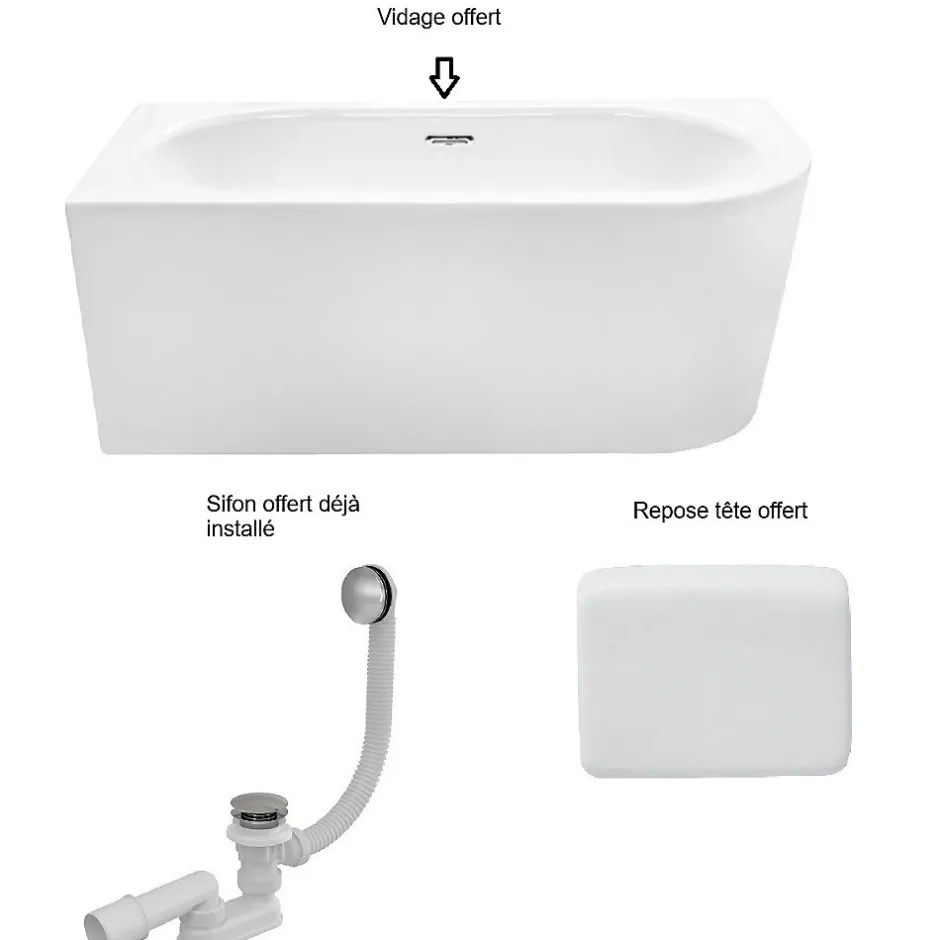 Besco Baignoire d'angle Blanc + Siphon noir et Vidage inclus + Repose tête - AVITA S CLASSE - GAUCHE - 170 x 75 cm