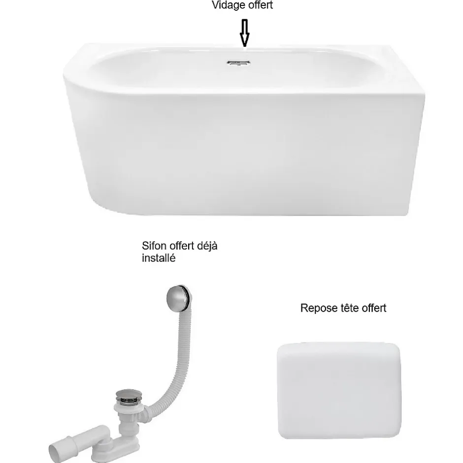 Besco Baignoire d'angle Blanc + Siphon Doré et Vidage inclus + Repose tête - AVITA S CLASSE - DROITE - 150 x 75 cm* Baignoire Asymétrique