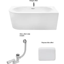Besco Baignoire d'angle Blanc + Siphon Blanc et Vidage inclus + Repose tête - AVITA S CLASSE - DROITE - 150 x 75 cm* Baignoire Asymétrique