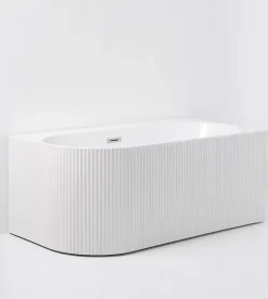 Otitec Baignoire d'angle droite avec bonde et vidage - 150 x 75 cm - Blanc brillant rainuré - PERLE