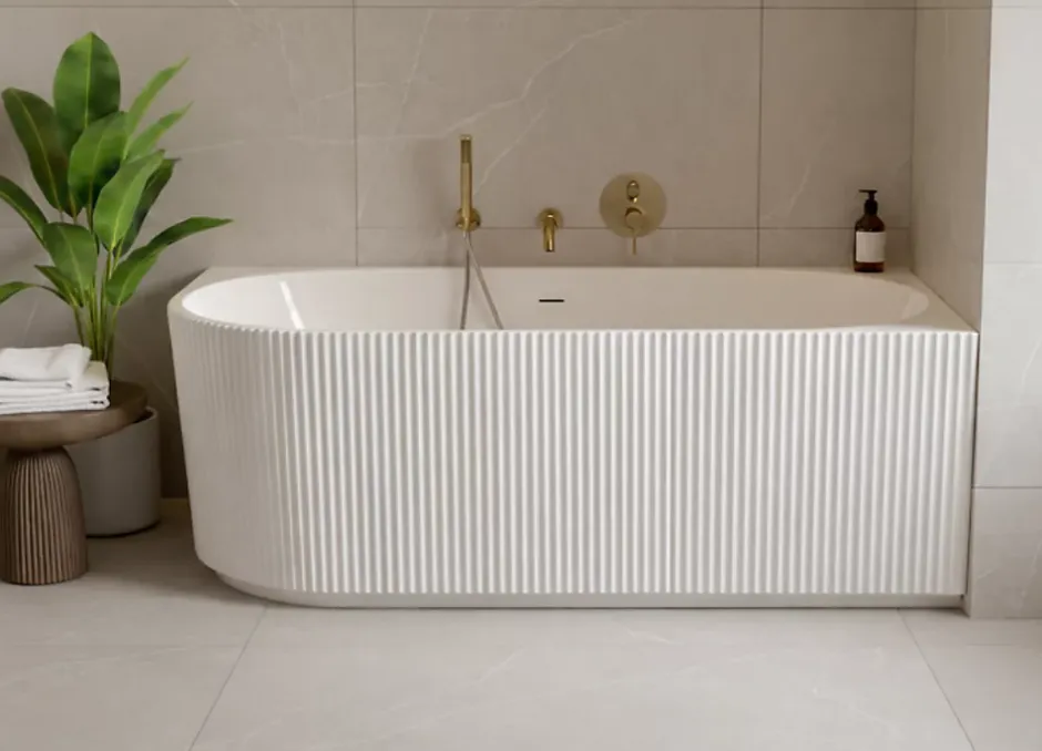 Otitec Baignoire d'angle droite avec bonde et vidage - 150 x 75 cm - Blanc brillant rainuré - PERLE