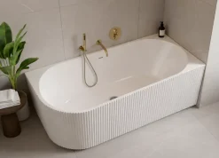 Otitec Baignoire d'angle droite avec bonde et vidage - 150 x 75 cm - Blanc brillant rainuré - PERLE