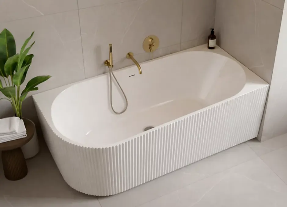 Otitec Baignoire d'angle droite avec bonde et vidage - 150 x 75 cm - Blanc brillant rainuré - PERLE