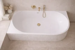 Otitec Baignoire d'angle droite avec bonde et vidage - 150 x 75 cm - Blanc brillant rainuré - PERLE
