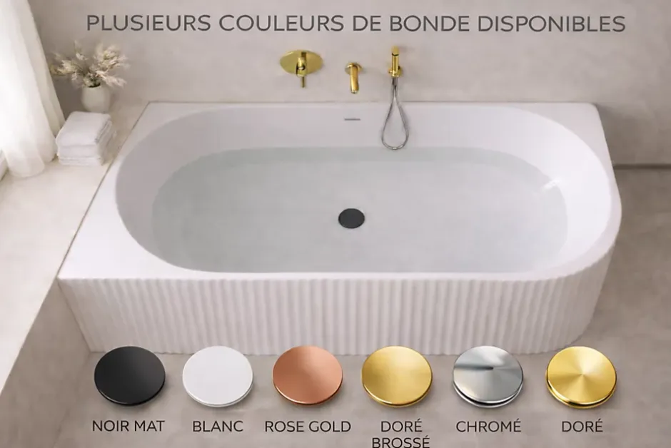 Otitec Baignoire d'angle droite avec bonde et vidage - 150 x 75 cm - Blanc brillant rainuré - PERLE