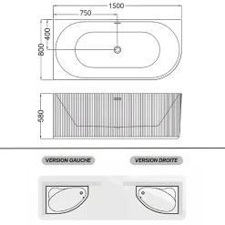 Otitec Baignoire d'angle droite avec bonde et vidage - 150 x 75 cm - Blanc brillant rainuré - PERLE