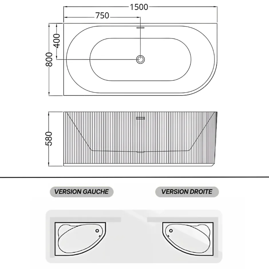 Otitec Baignoire d'angle droite avec bonde et vidage - 150 x 75 cm - Blanc brillant rainuré - PERLE