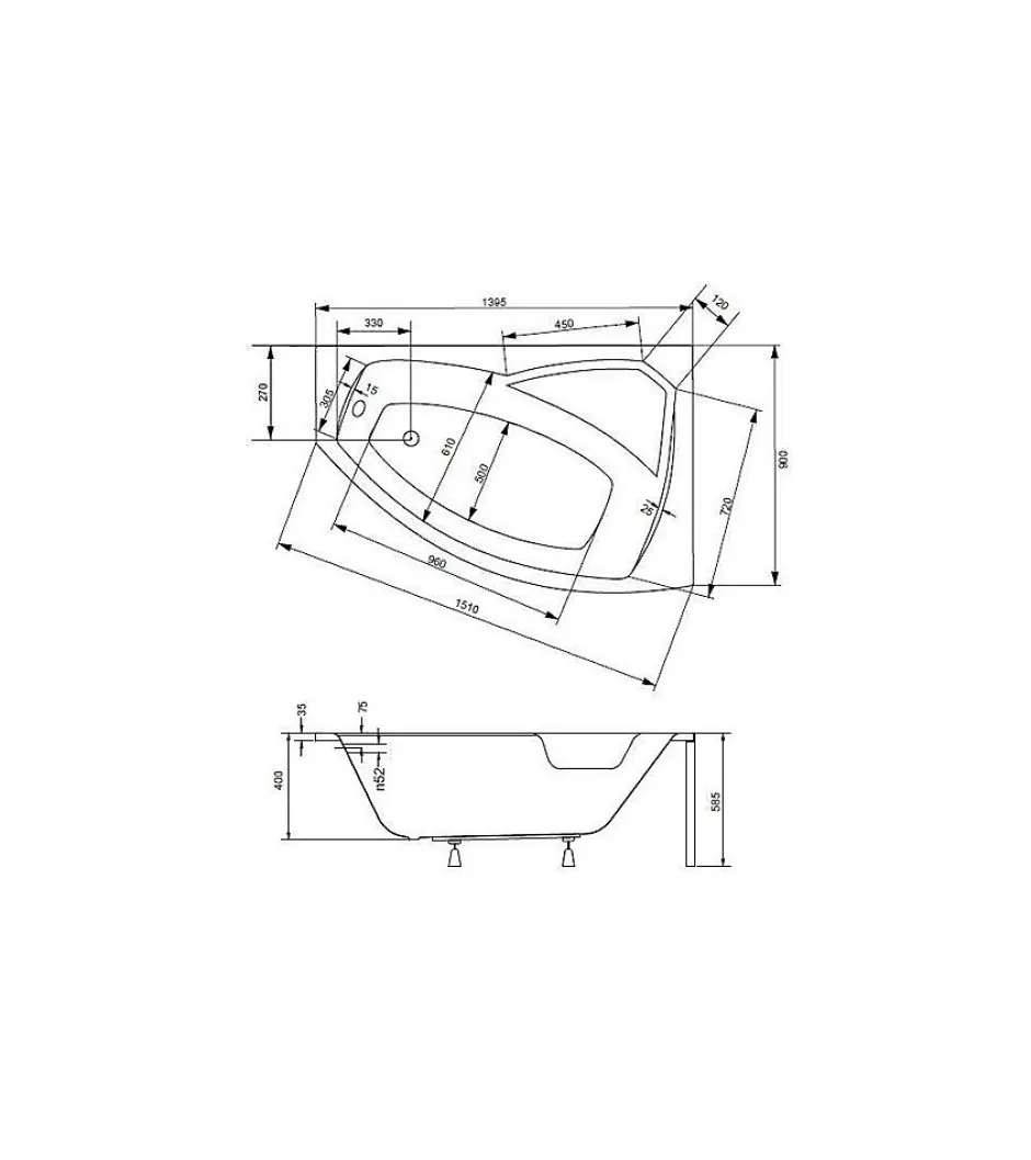 Azura Home Design Baignoire d'angle droite RIMA avec tablier - 140cm
