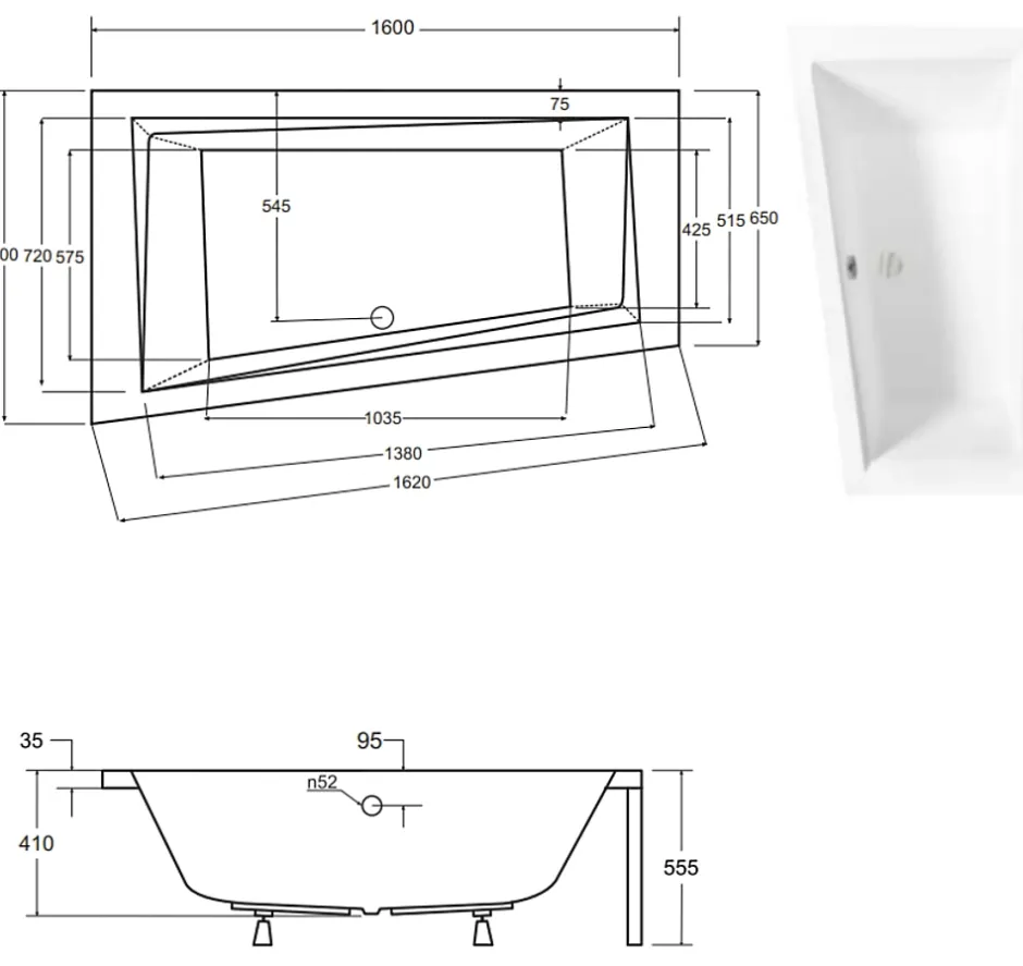 Azura Home Design Baignoire d'angle GAUCHE INTIMA AVEC TABLIER - 160cm* Baignoire D'Angle