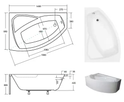 Azura Home Design Baignoire d'angle gauche RIMA avec tablier - 150cm* Baignoire Asymétrique