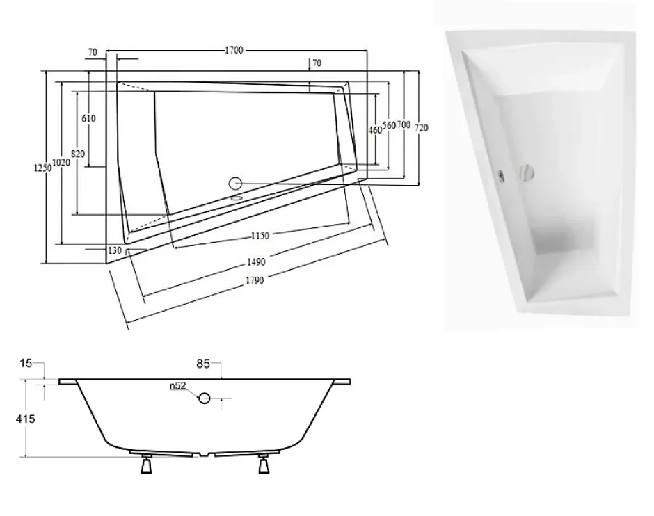 Azura Home Design Baignoire d'angle Gauche ULTIMA DUO ultra-slim - 170cm