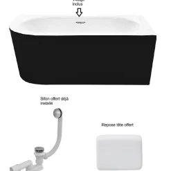 Besco Baignoire d'angle Noir et Blanc + Siphon Blanc et Vidage inclus + Repose tête - AVITA S CLASSE - DROITE - 150 x 75 cm