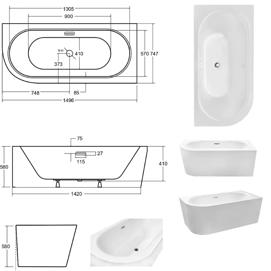 Besco Baignoire d'angle Noir et Blanc + Siphon Blanc et Vidage inclus + Repose tête - AVITA S CLASSE - DROITE - 150 x 75 cm