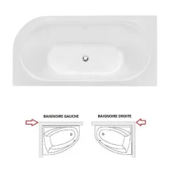 Besco Baignoire d'angle Noir et Blanc + Siphon Blanc et Vidage inclus + Repose tête - AVITA S CLASSE - DROITE - 150 x 75 cm