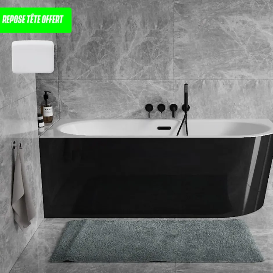 Besco Baignoire d'angle Noir et Blanc + Siphon Graphite et Vidage inclus + Repose tête - AVITA S CLASSE - GAUCHE - 150 x 75 cm* Baignoire Asymétrique