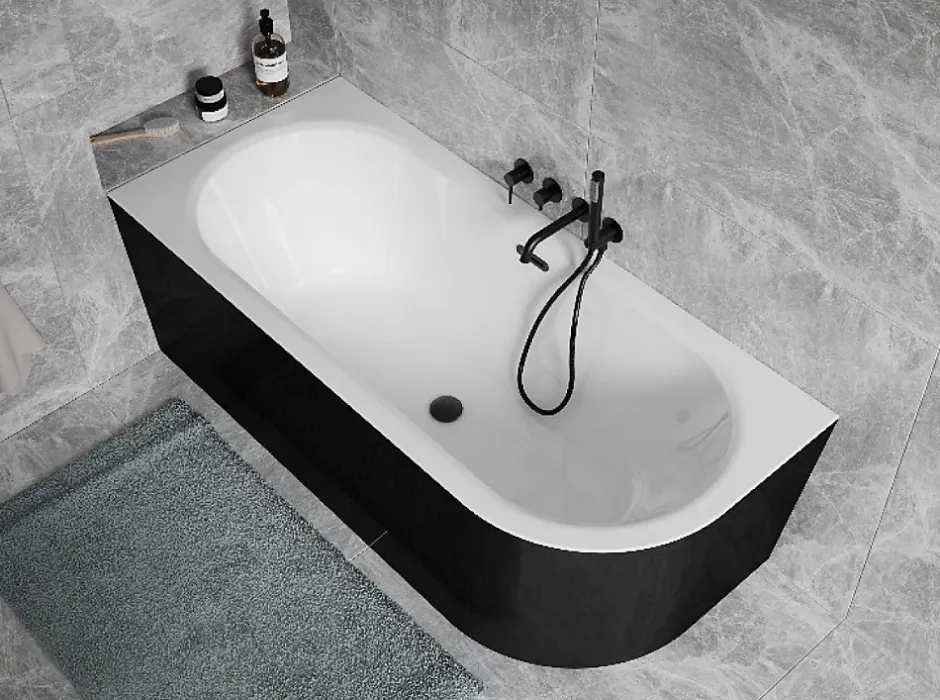 Besco Baignoire d'angle Noir et Blanc + Siphon Graphite et Vidage inclus + Repose tête - AVITA S CLASSE - GAUCHE - 150 x 75 cm* Baignoire Asymétrique
