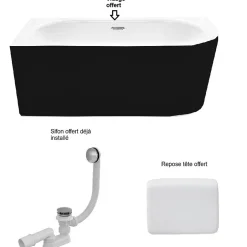 Besco Baignoire d'angle Noir et Blanc + Siphon Graphite et Vidage inclus + Repose tête - AVITA S CLASSE - GAUCHE - 150 x 75 cm* Baignoire Asymétrique