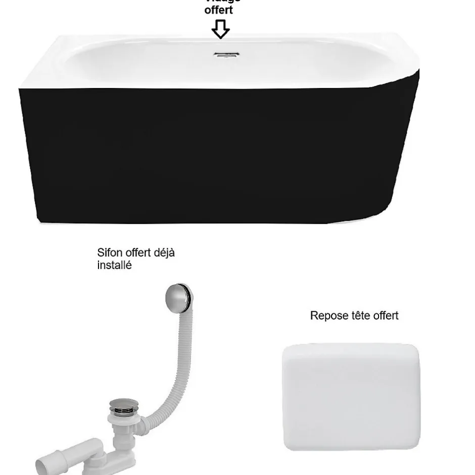 Besco Baignoire d'angle Noir et Blanc + Siphon Graphite et Vidage inclus + Repose tête - AVITA S CLASSE - GAUCHE - 150 x 75 cm* Baignoire Asymétrique