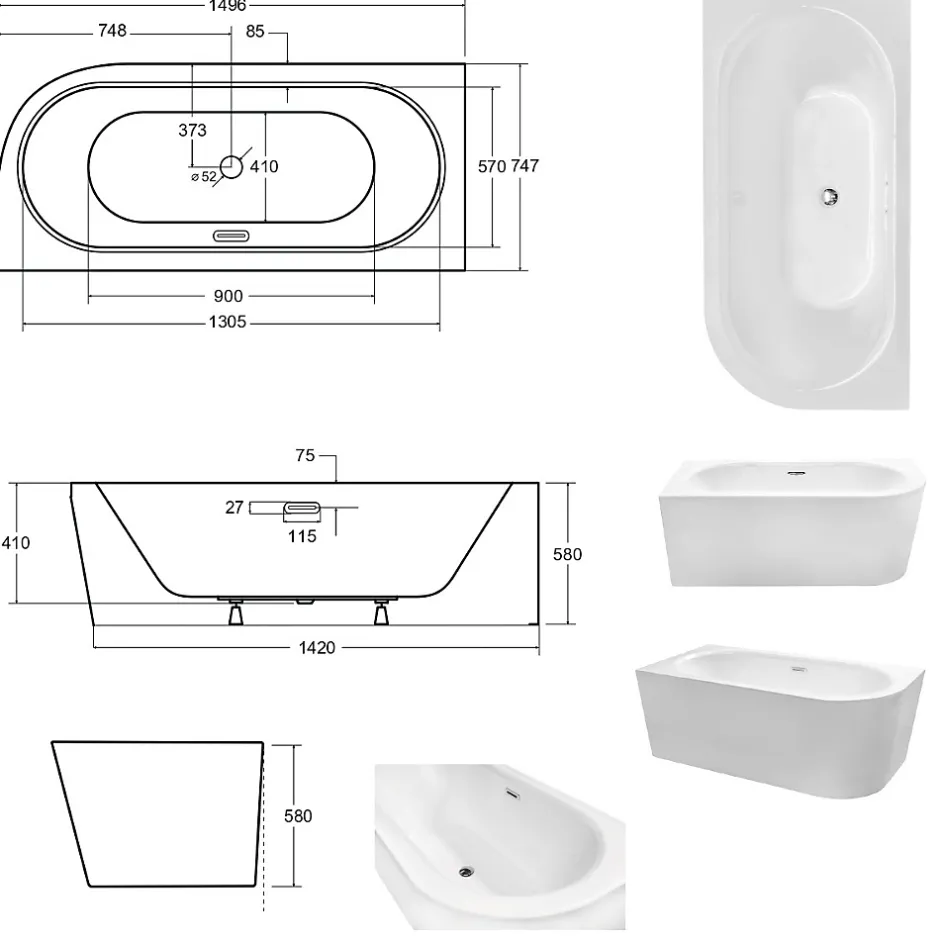 Besco Baignoire d'angle Noir et Blanc + Siphon Graphite et Vidage inclus + Repose tête - AVITA S CLASSE - GAUCHE - 150 x 75 cm* Baignoire Asymétrique