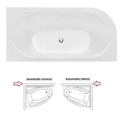 Besco Baignoire d'angle Noir et Blanc + Siphon Graphite et Vidage inclus + Repose tête - AVITA S CLASSE - GAUCHE - 150 x 75 cm* Baignoire Asymétrique